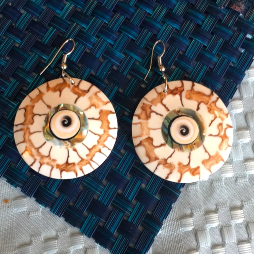 Shell Earrings Abalones Mojo Cats Eye Natural Dangle Earrings NWOT